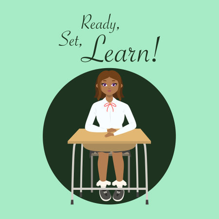 Postcard Cute girl with brown hair sitting at a school desk on green background with phrase. Back to school edition. Flat vectorのイラスト素材