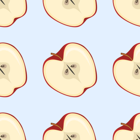 Seamless pattern Red apple and half apple, fruit slices and pieces in cartoon style. Healthy vegetarian snack food fruit, vector illustrationのイラスト素材