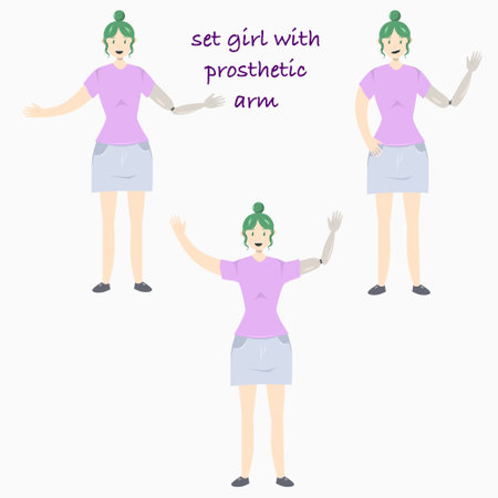 Set Illustration of a girl with a prosthetic arm in flat style. Flat Illustration on the theme of body positivity.のイラスト素材
