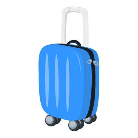 Travel suitcase. Large blue polycarbonate travel plastic suitcase with wheel. Art design traveler luggage. Concept of travel, vacations, adventures, tourism, luggage, bag. Vector flat illustrationのイラスト素材