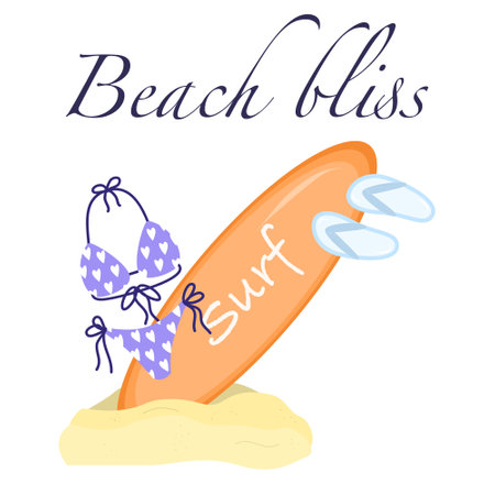 Postcard Cartoon summer elements, travel, beach, summertime accessory. Surf desk, swimsuit and slippers vector illustration set. Palm and serfing board. Umbrella and sunglassesのイラスト素材