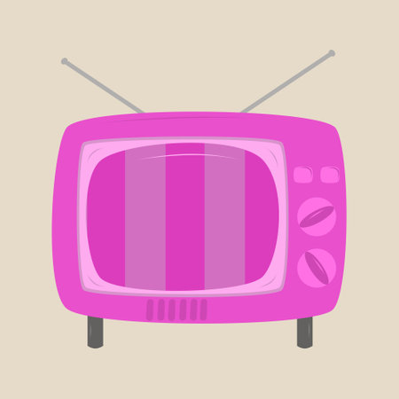 Retro 1960s vintage pink television isolated on beige background vector illustration. On screen pink linesのイラスト素材