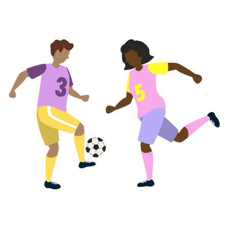Soccer players kicking ball character boy and girl, flat cartoon vector illustration isolated on white background. Soccer or football game players collection.のイラスト素材