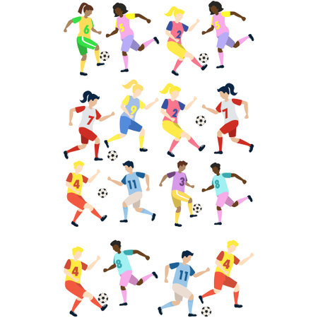 Soccer players kicking ball characters set with girls and boys, flat cartoon vector illustration isolated on white background. Soccer or football game players collection.のイラスト素材