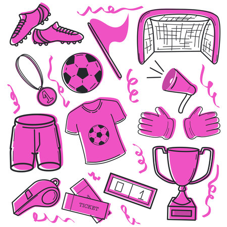 Pink Doodle set with football items. T-shirt, shorts, gate, boots, ball, flag, cup, whistle flat cartoon vector illustration isolated on white background. Soccer or football game players collection.のイラスト素材