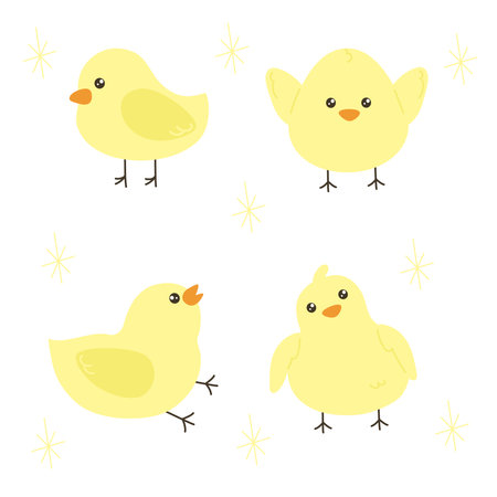 Cartoon baby chicken. Funny little birds. Easter character. Chick hatched from egg. Yellow mascot with different emotions. Sleeping or playing birdie. Domestic animalのイラスト素材