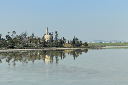view from lake of mosque Hala Sultan Tekke in Cyprusの写真素材