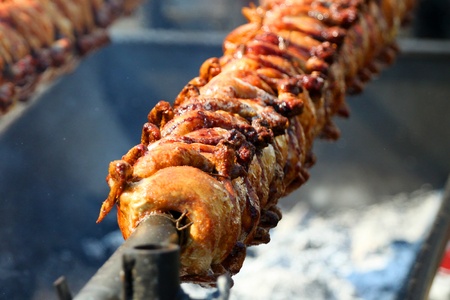 Cooking chickens on a stickの写真素材