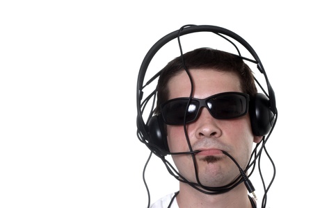guy listening music on isolated background
