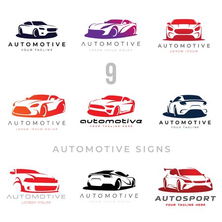 Set of 9 automotive car illustration signs for your projectsのイラスト素材