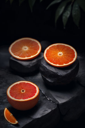 Slices of orange on a black stone background. selective focus.の素材