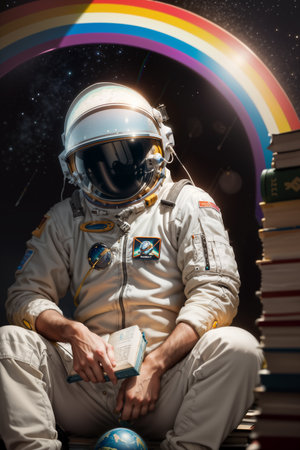 Astronaut sitting on a pile of books and looking at the cameraの素材