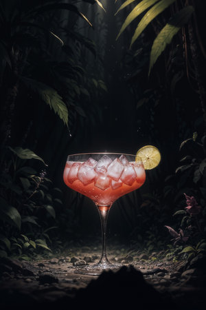Cocktail in a glass with a slice of lemon on a dark backgroundの素材