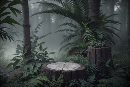 Tree stump podium in the woods - designer background for product presentationの素材