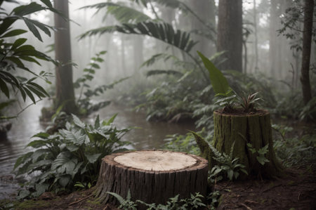 Tree stump podium in the woods - designer background for product presentationの素材