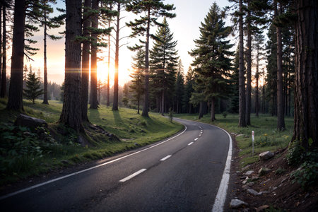 Car road turn left in the forest.の素材
