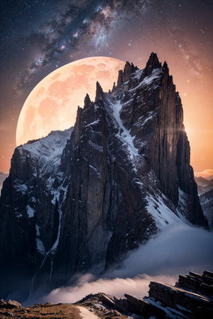 A full moon rises over a mountain peak in the clouds.の素材