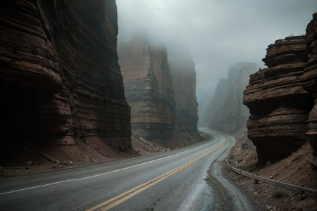 A road in the canyon mountains with a foggy clouds.の素材