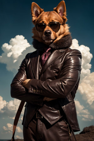 Dog with sunglasses in a jacket stands with crossed hands.の素材