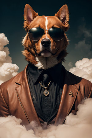 Portrait of a dog in a sunglasses and wearing a brown leather jacket.の素材