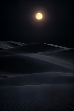 Scenery of a night with a full moon at the desert dunes.の素材