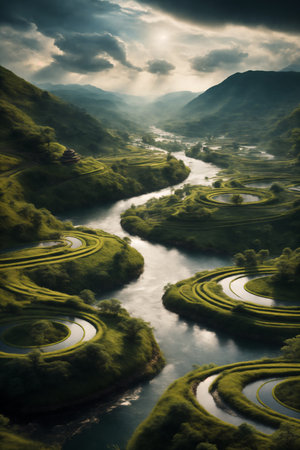 Rice terraces in the morning with mountains vertical landscape.の素材
