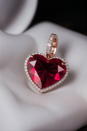 Red ruby heart with diamonds, luxury jewelry on a white background.の素材
