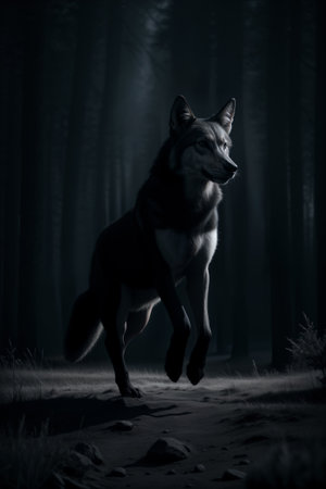 Wolf jumping in a forest at night.の素材
