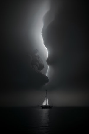 Dark minimal photo of a sailing vessel on the sea at night.の素材