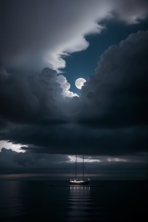 Dark minimal photo of a sailing vessel on the sea at night.の素材