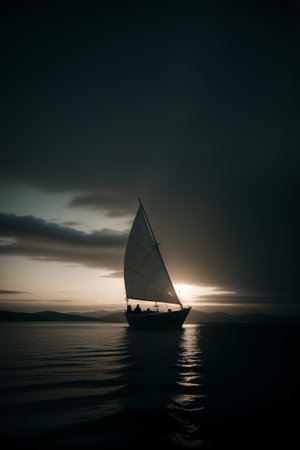 Dark minimal photo of a sailing vessel on the sea at night.の素材