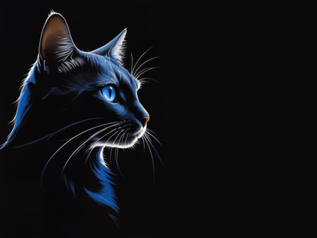 Low key cat with blue eyes portrait illustration on a dark background.の素材