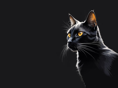 Low key cat with yellow eyes portrait illustration on a dark background.の素材