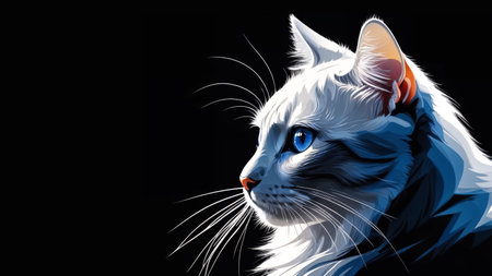 Low key cat with blue eyes portrait illustration on a dark background.の素材