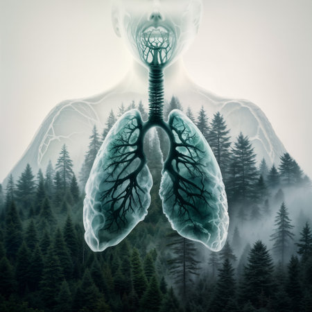 Human lungs with a pine forest, breathing health concept background.の素材