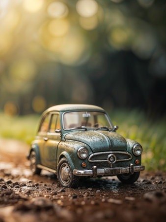 Tiny retro car on a muddy ground with bokeh nature background, automotive concept.の素材