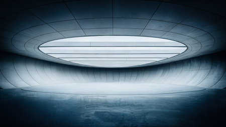 Spacious open ceiling concrete walls hall construction background, empty scene mockup.の素材