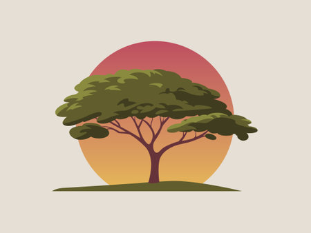 Flat stylized tree silhouetted against a sunset circle backgroundのイラスト素材