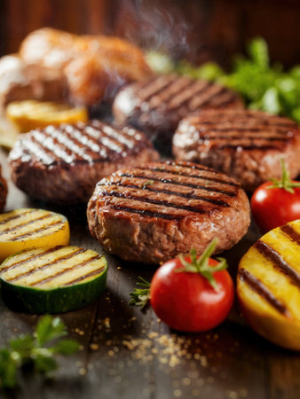 Smoky grilled meat patties with zucchini, tomatoes, and herbs on a wooden surfaceの素材