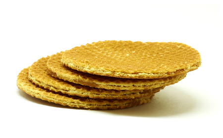 Isolated pile of double golden waffle with caramelの写真素材