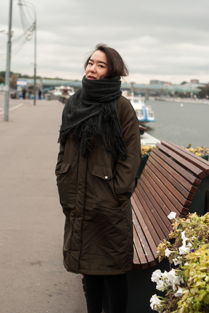 Girl on the bank of Moskva-river in Moscowの写真素材