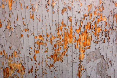 Blue-gray wall with crumbling old paint, natural wood exposedの写真素材
