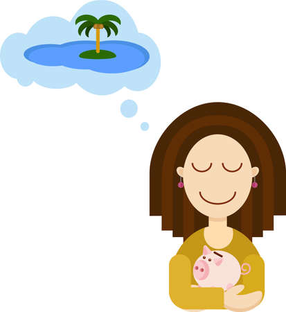 A girl with dark hair and long airy earrings holds a piggy Bank in her hands and dreams of a vacation on a Paradise islandのイラスト素材