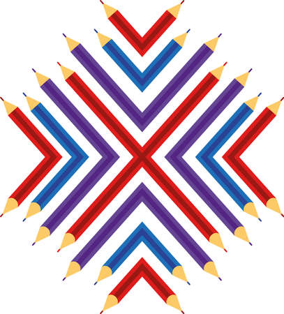 Snowflake pattern of colored pencils, red, blue, purple, yellow, green. Bright, juicy pattern.のイラスト素材