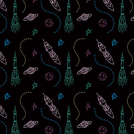 Seamless black background with outlines of rockets, stars, moon and dotted lines in space. Children's drawing.のイラスト素材