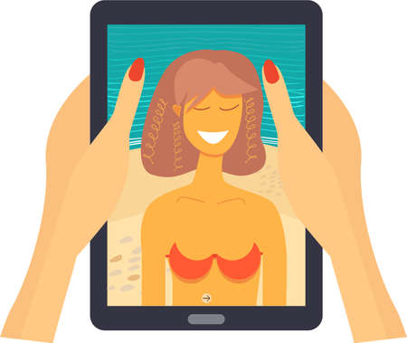 Women's hands with painted nails hugging a tablet, on the tablet a picture from the photo gallery with a photo of a woman in a swimsuit on the background of the beach and the sea. Dreams and memories of vacation.のイラスト素材
