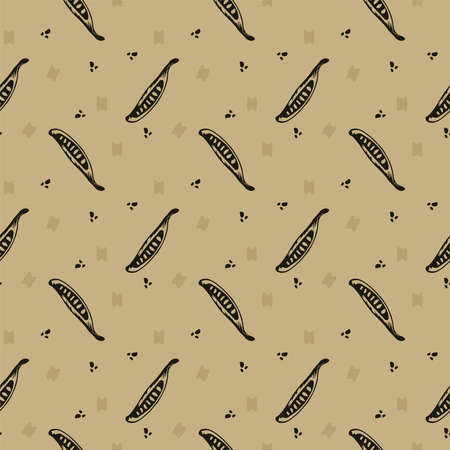 Botanical pattern with pod and chaotic spots in beige and black colors, seamlessのイラスト素材