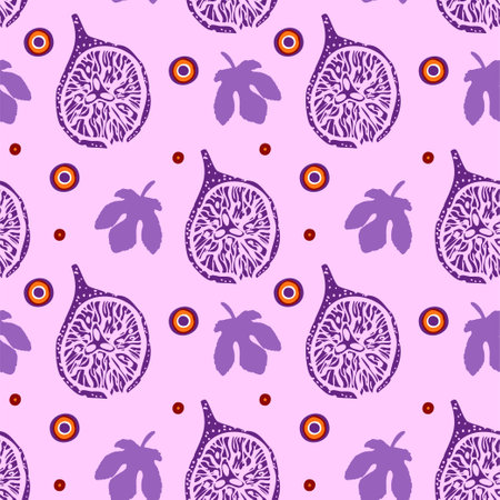 Purple pattern with fig fruits, fig leaves and colored peasのイラスト素材