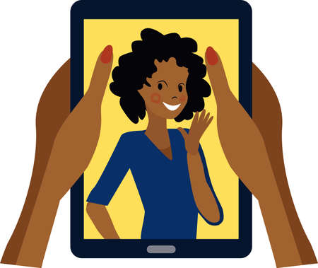 Women's hands with painted nails Hands holding a large smartphone on the screen a dark skinned teenage girl smiles and waveのイラスト素材
