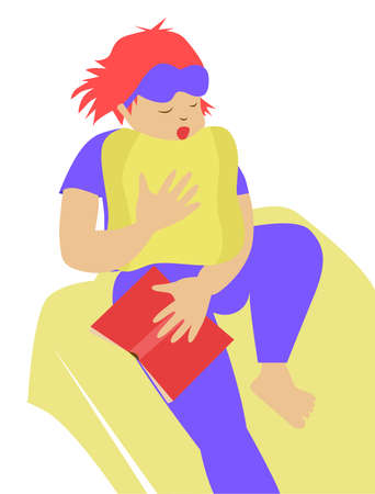 The red-haired girl in the bedroom is yawning, holding a pillow to her mouth, holding an upturned book with her other hand, and wearing sleep glasses in her hairのイラスト素材